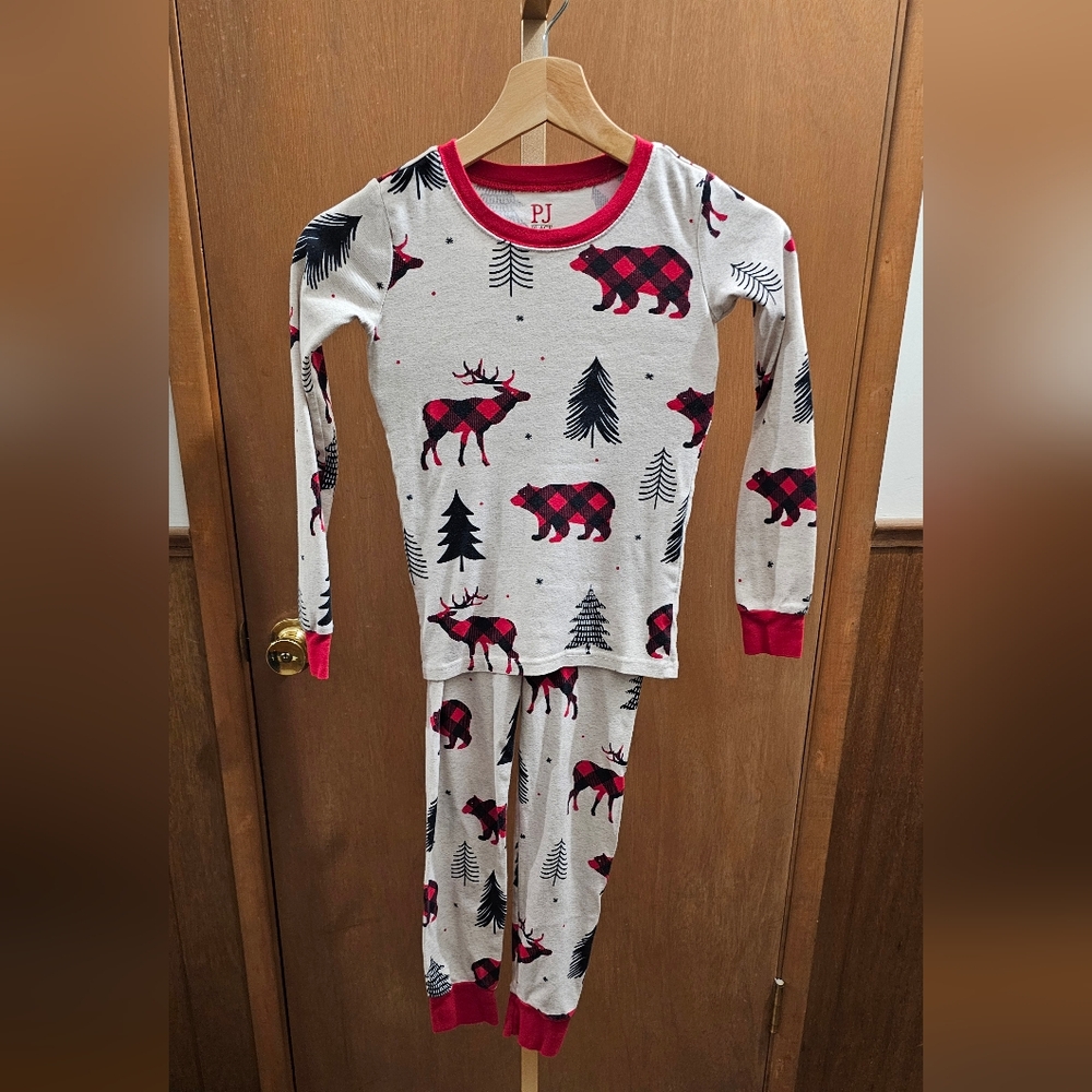 Kid's size 8 Christmas Pajamas PJ Place Woods, trees, buffalo plaid